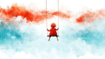A child on swing enjoys whimsical moment against colorful backdrop of red and blue hues, evoking sense of joy and freedom.