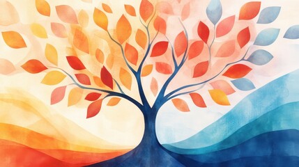 A vibrant tree with colorful leaves stands against soft, abstract background, evoking sense of warmth and tranquility.