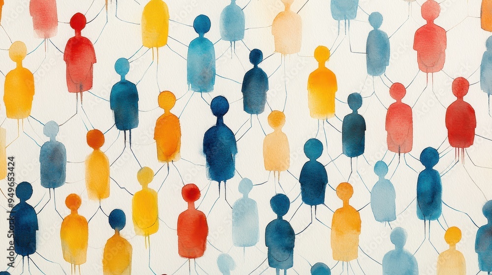 Poster colorful abstract representation of people connected by lines, symbolizing community and interaction
