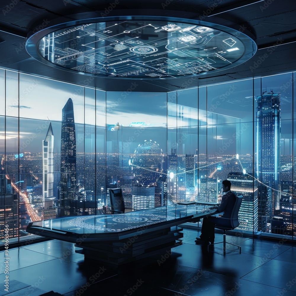 Poster man working at desk by large window, the advanced control center of a smart city, where sensors and 