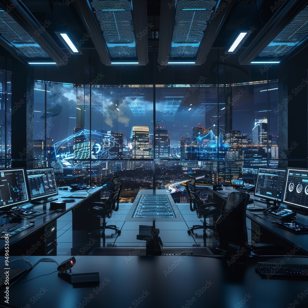 Poster busy room filled with numerous computers in the advanced control center of a smart city, the advance