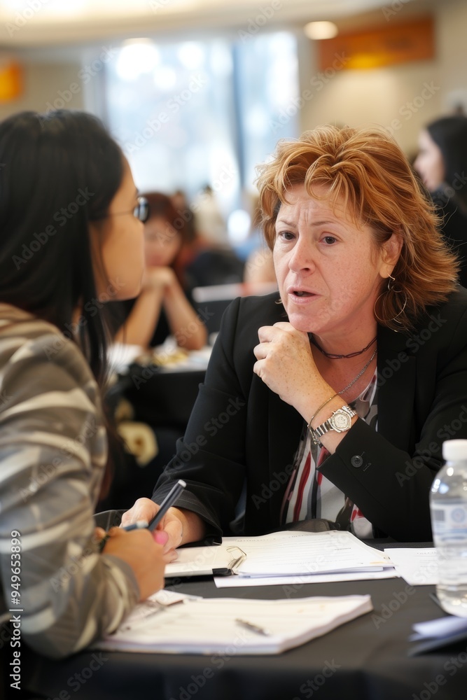 Poster professional career workshop: adults practicing interview skills and networking in a dynamic environ