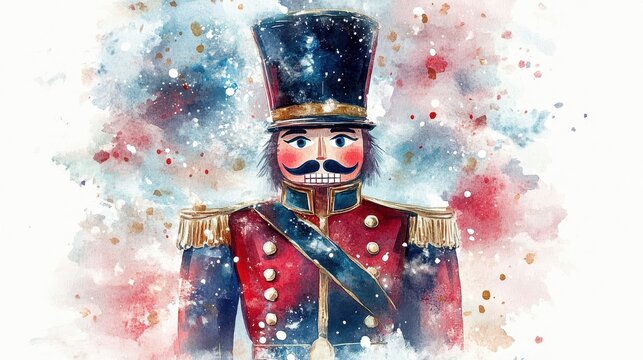 A colorful nutcracker soldier stands proudly against vibrant, abstract background. watercolor effect adds whimsical touch to this festive character.