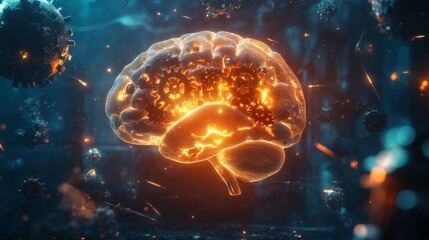 A glowing brain with gears turning, surrounded by symbols of innovation, representing a highly innovative mindset.