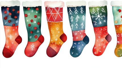 Colorful Christmas stockings in various designs and patterns create festive atmosphere.
