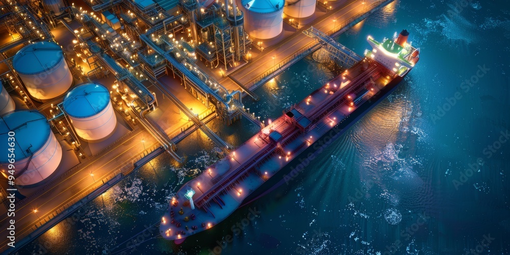 Poster aerial view of a ship docked at an illuminated industrial complex