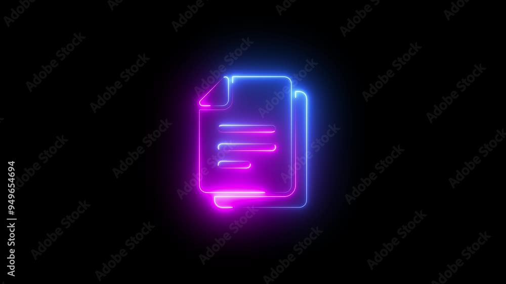 Poster neon file documents uploading icon 4k animation . glowing blue neon document sign.
