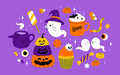 Cute kids Halloween set. Happy pumpkin, zombie hand, cute ghost, skull cupcake candy and witch potion. October holiday stickers, design elements bundle. Isolated flat vector illustrations
