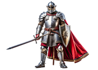 A medieval knight in full plate armor stands with a sword drawn and a shield in his left hand. He is wearing a red cape and his armor is detailed with gold accents