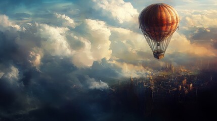 A majestic hot air balloon gracefully glides through the clouds, revealing a breathtaking cityscape below. The vibrant colors of the sky and the grandeur of the city create a sense of awe and wonder, 