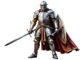 Fototapeta premium A brave knight stands ready for battle, clad in full armor and holding a sword and shield. His red cape flows behind him