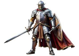 A brave knight stands ready for battle, clad in full armor and holding a sword and shield. His red cape flows behind him
