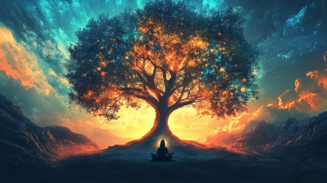 A glowing tree with balanced branches, with a person meditating below, symbolizing the integration of holistic vision and mindset.