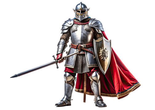 A medieval knight in full plate armor stands with a sword drawn and a shield in his left hand. He is wearing a red cape and his armor is detailed with gold accents