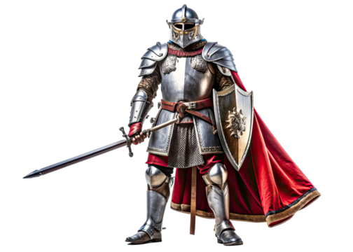 A medieval knight in full plate armor stands with a sword drawn and a shield in his left hand. He is wearing a red cape and his armor is detailed with gold accents