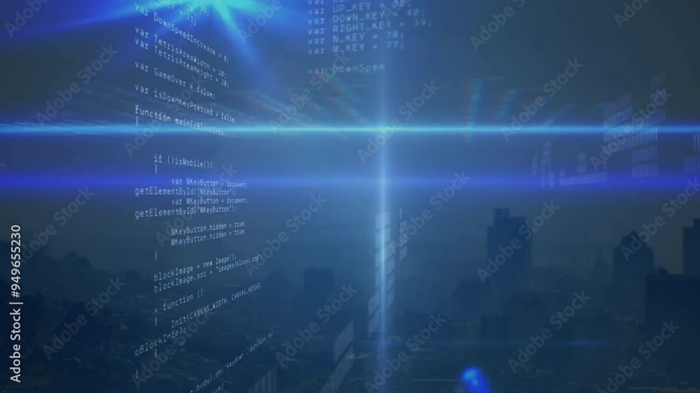 Poster computer code and data processing animation over cityscape background