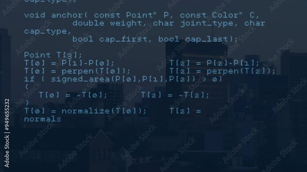 Poster computer code animation over cityscape background