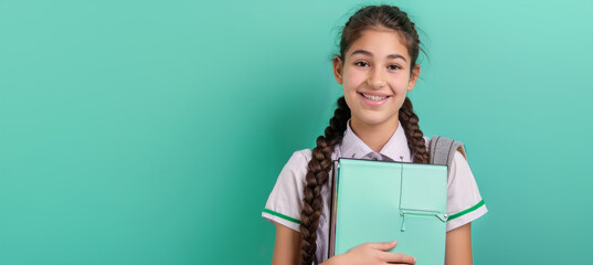 Obraz premium Cheerful Schoolgirl with Art Portfolio on Pastel Green Background - Perfect for Educational Designs