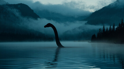 A mysterious creature with a long neck emerges from a misty lake, surrounded by fog and mountains, evoking a sense of mystery and the legend of the Loch Ness Monster.