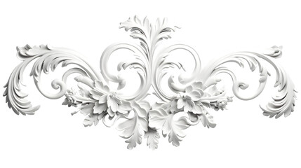 Fototapeta premium 3D illustration of white decorative relief beautiful detailed ornament with acanthus leaves decoration in baroque style isolated on transparent background