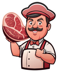 Proud butcher holding big piece of meat cartoon character-