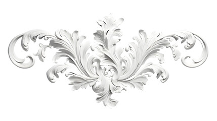 3D illustration of white decorative relief beautiful detailed ornament with acanthus leaves decoration in baroque style isolated on transparent background