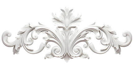 3D illustration of white decorative relief beautiful detailed ornament with acanthus leaves decoration in baroque style isolated on transparent background