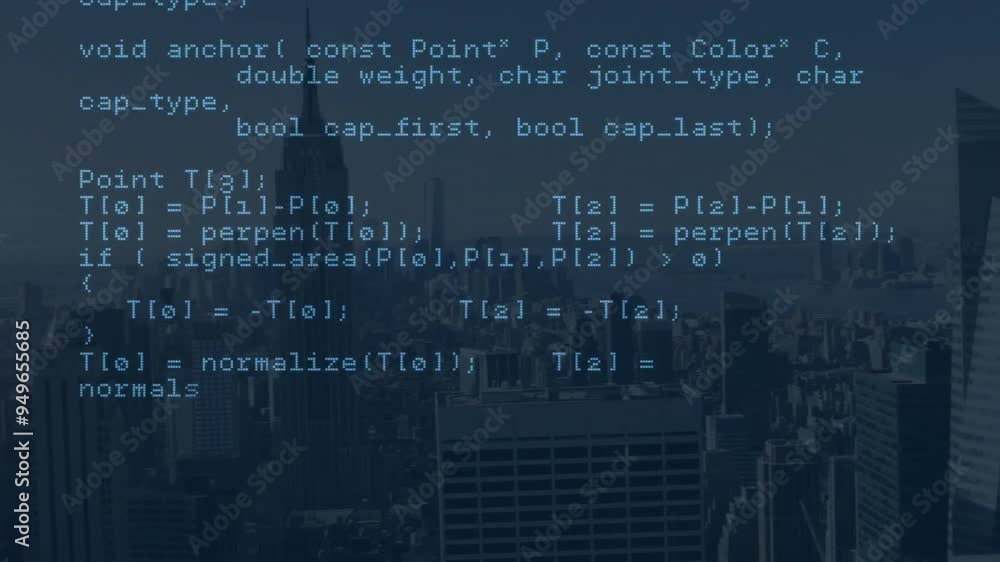 Poster computer code animation over cityscape background