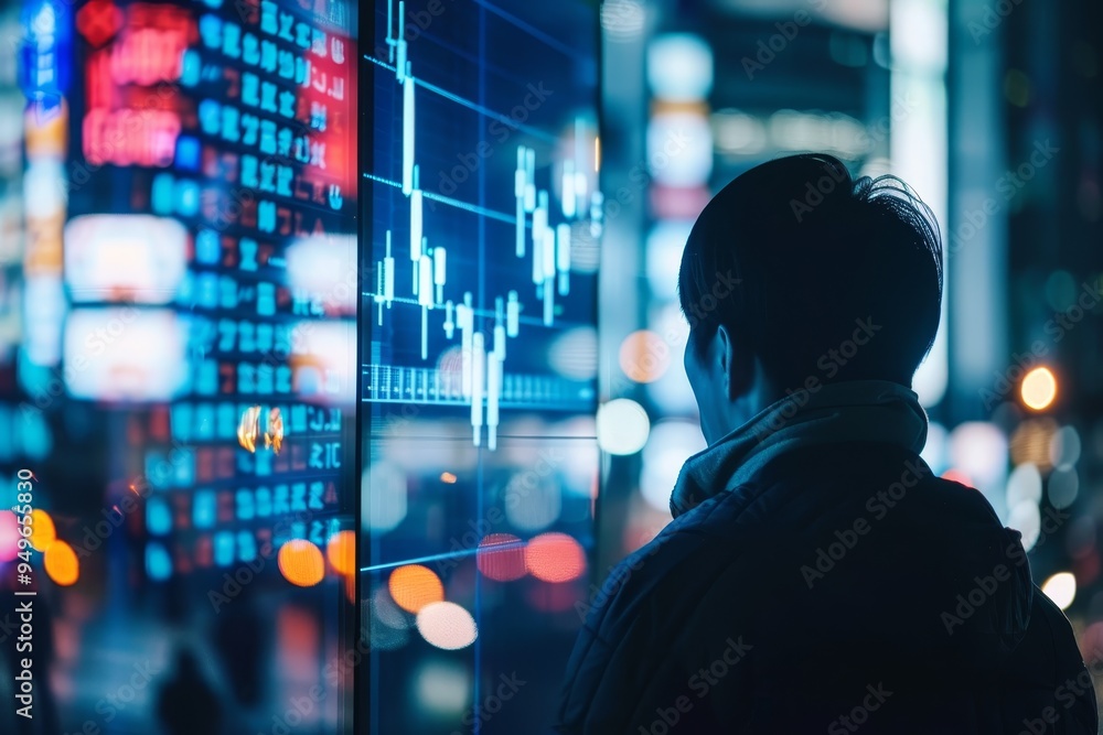 Poster a man standing in front of a window, attentively looking at a stock chart displayed on a screen, the