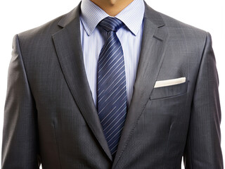 Close-up of a fine textured gray suit jacket with a neatly folded white pocket square. Elegant and tailored look