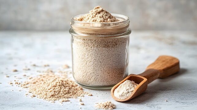 51. A jar of psyllium husk powder with a few scoops of powder beside it