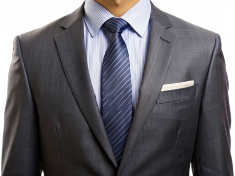 Close-up of a fine textured gray suit jacket with a neatly folded white pocket square. Elegant and tailored look