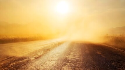 Scorching Heat and Hazy Asphalt Road Through Rural Landscape