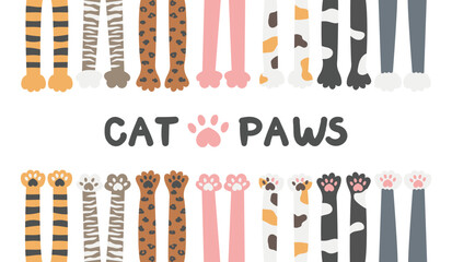 Cat paws from a top view and a bottom view. A set with cute cat palms in tabby, sphynx, spotted tricolor, gray, black, striped patterns. Kitten paw pads. For cards, stickers, shelter, background © Anastassiya