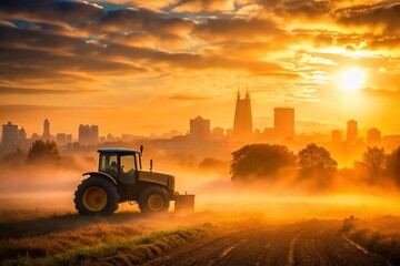 Fototapeta premium rustic morning fog cityscape tractor silhouette warm golden light