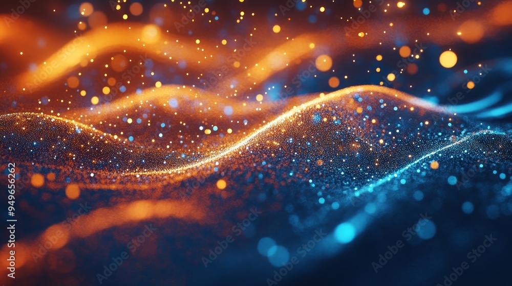 Poster a mesmerizing digital abstract artwork showcasing a field of particles in vibrant orange and blue hu
