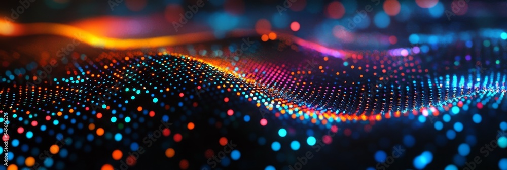 Poster a mesmerizing digital artwork featuring vibrant neon dots arranged in a wave-like pattern on a dark 
