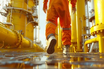 Worker's Feet Walking on a Wet Platform in an Industrial Setting