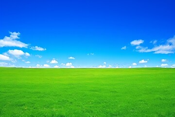 Fototapeta premium Serene Green Field Under a Blue Sky with Puffy Clouds