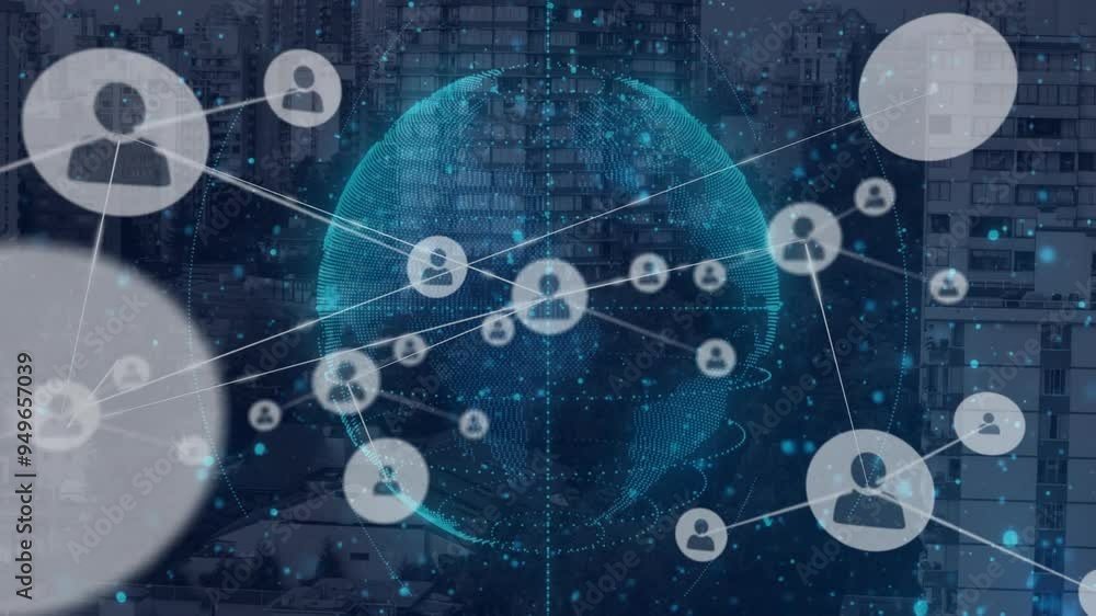 Poster network of connections and data processing animation over cityscape background