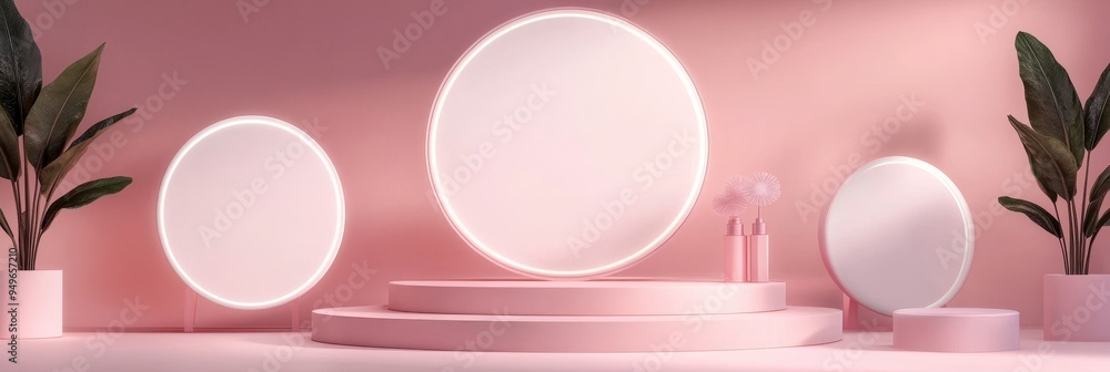 Poster a modern, clean and simple product display featuring three circular podiums and two plants, all in a