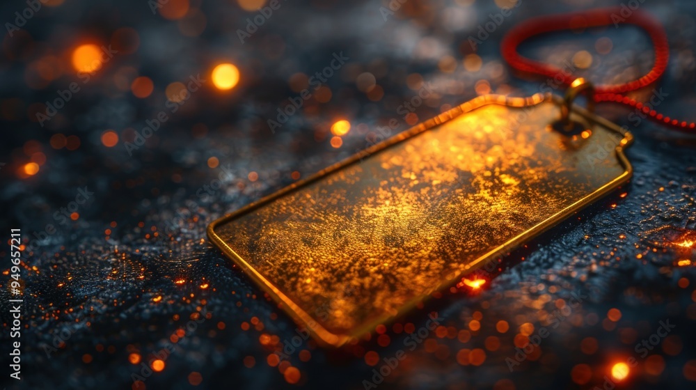 Poster a gold tag with a shiny surface is lying on a dark background with warm lights.