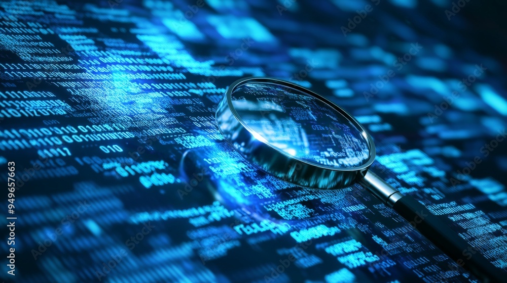 Poster magnifying glass over binary code.