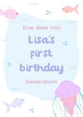 Underwater first birthday party invite for kids. Cute flat-style card with fish, bubbles, and jellyfish in soft pastel colors.