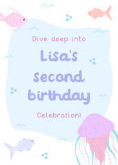 Marine-themed second birthday invitation for children. Adorable underwater card featuring fish, bubbles, and jellyfish in gentle hues.