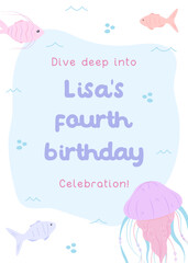 Cute marine life birthday card for kids. Underwater-themed fourth birthday invitation with fish and jellyfish in light tones.