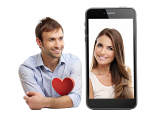 A man smiles while video chatting with a woman on a smartphone, a red heart held in his left hand