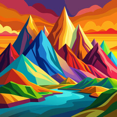 A vector painting of a colorful mountains