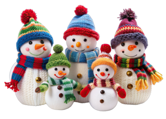 Four snowmen wearing colorful knit hats and scarves stand together, showcasing a cheerful winter scene