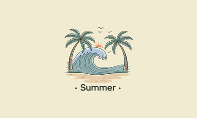 Obraz premium view palm with waves sunset vector illustration flat design